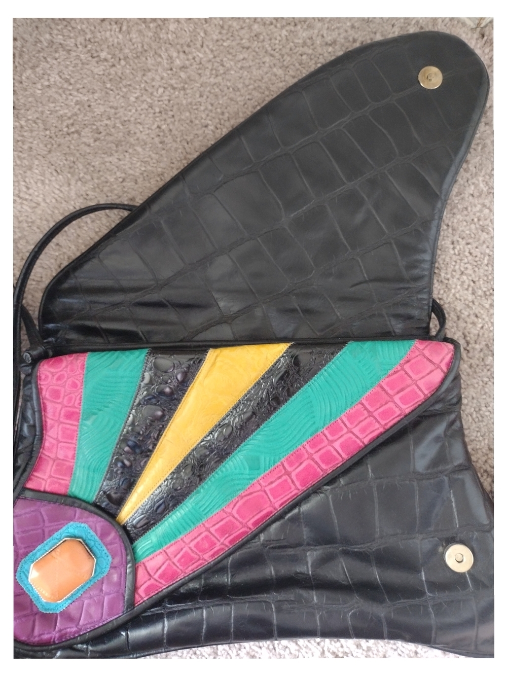1980s Noble Handbags Inc Colorful Geometric Leather Crossbody Bag - Multicolor - Picture 7 of 13